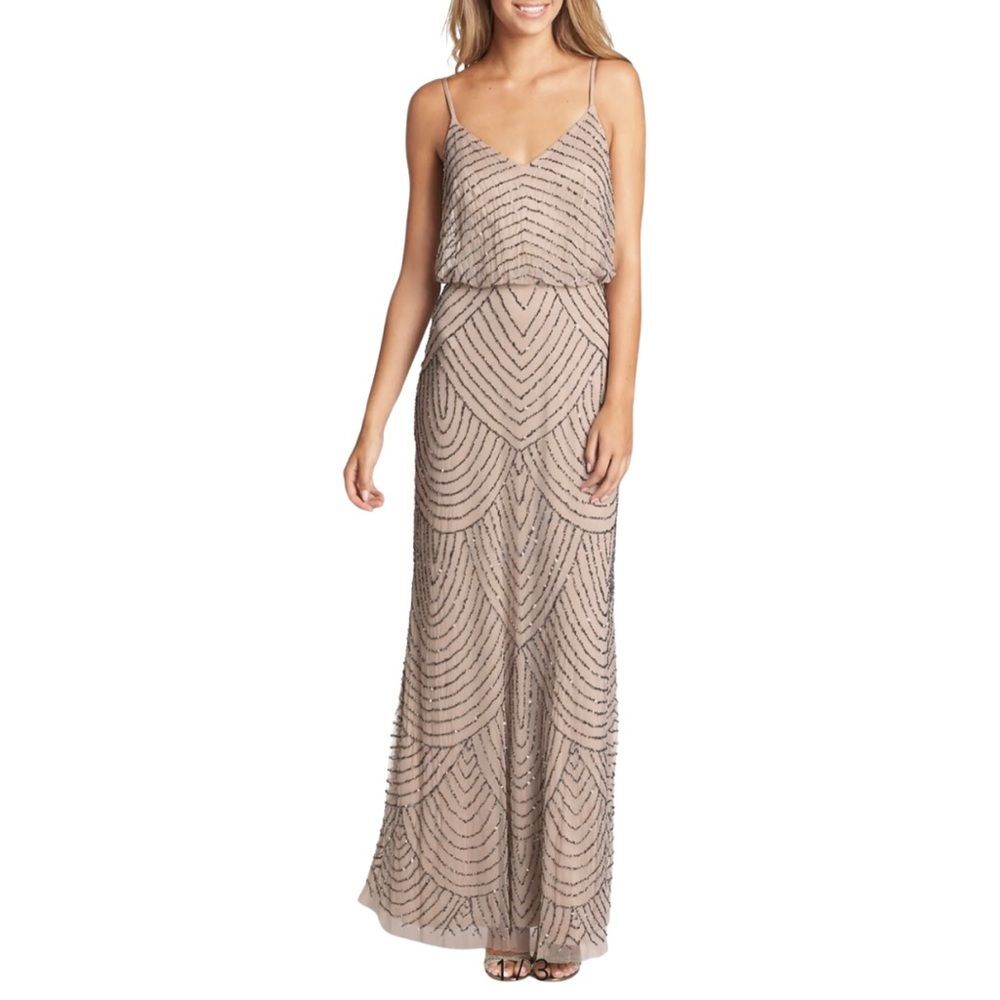 Adrianna Papell Embellished Gown Formal Maxi Dress Beaded Taupe 8